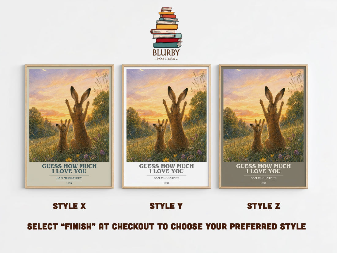 Guess How Much I Love You book cover print in frame leaning in hallway – childrens wall art (mockup)