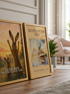 Guess How Much I Love You watercolour print framed by window – literary home decor