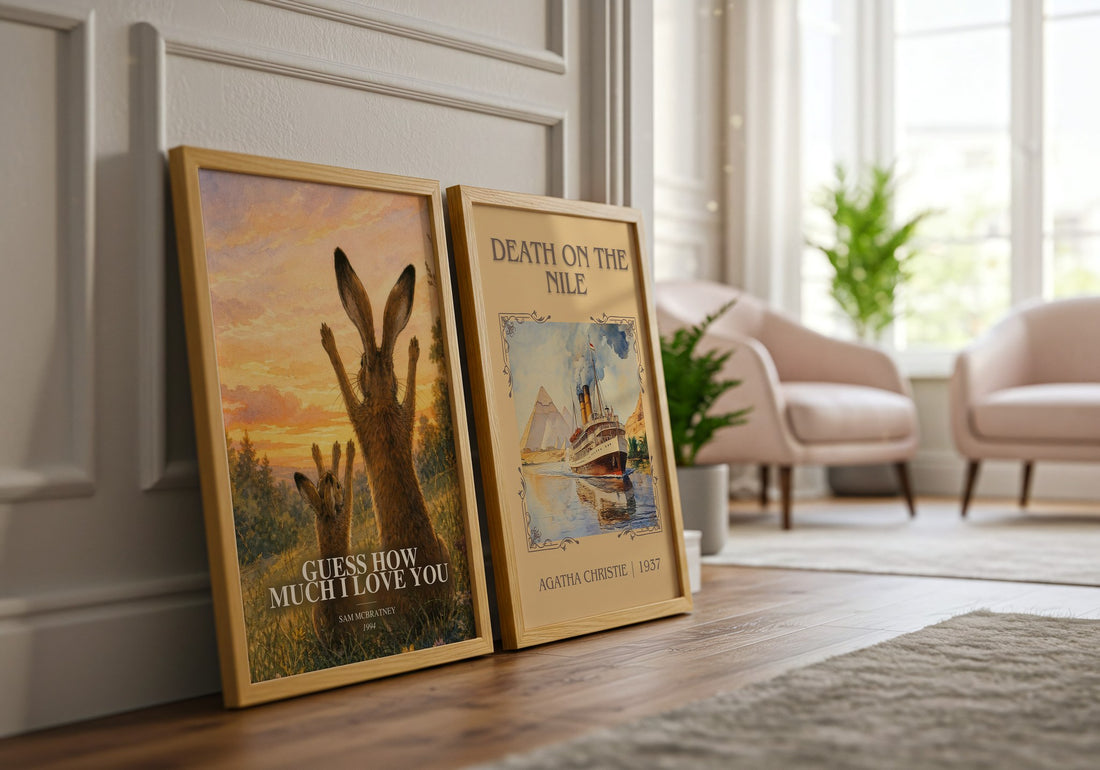 Guess How Much I Love You watercolour print framed by window – literary home decor