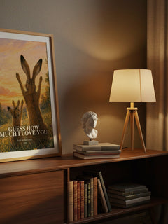Guess How Much I Love You watercolour print on bookshelf – Sam McBratney fan gift