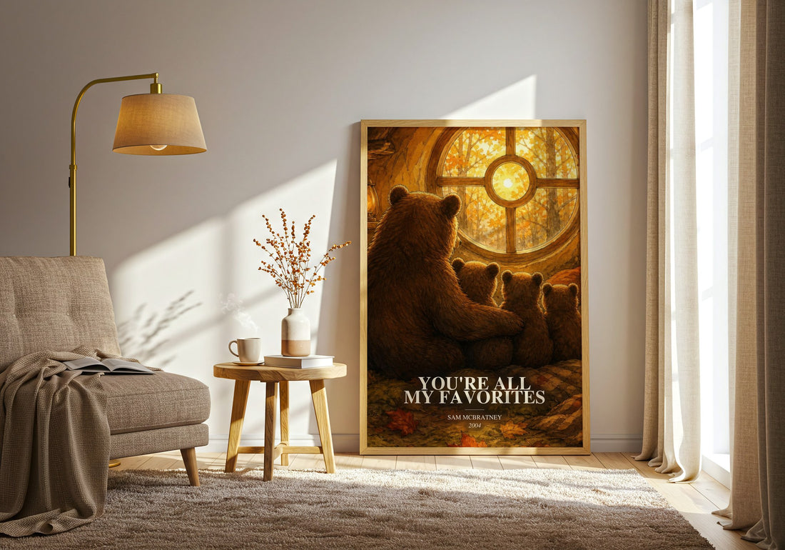 You're all my favorites watercolour print in frame leaning in hallway – childrens wall art