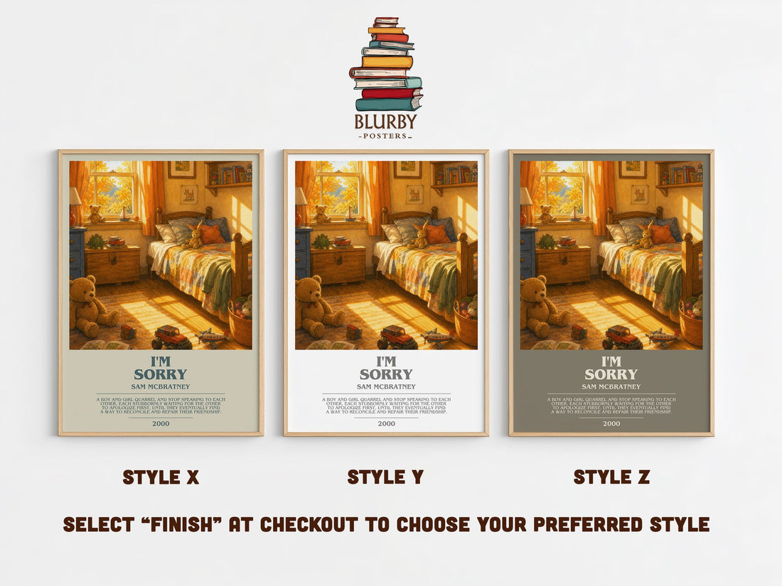 I'm Sorry bookish print in frame leaning in hallway – childrens wall art (mockup)