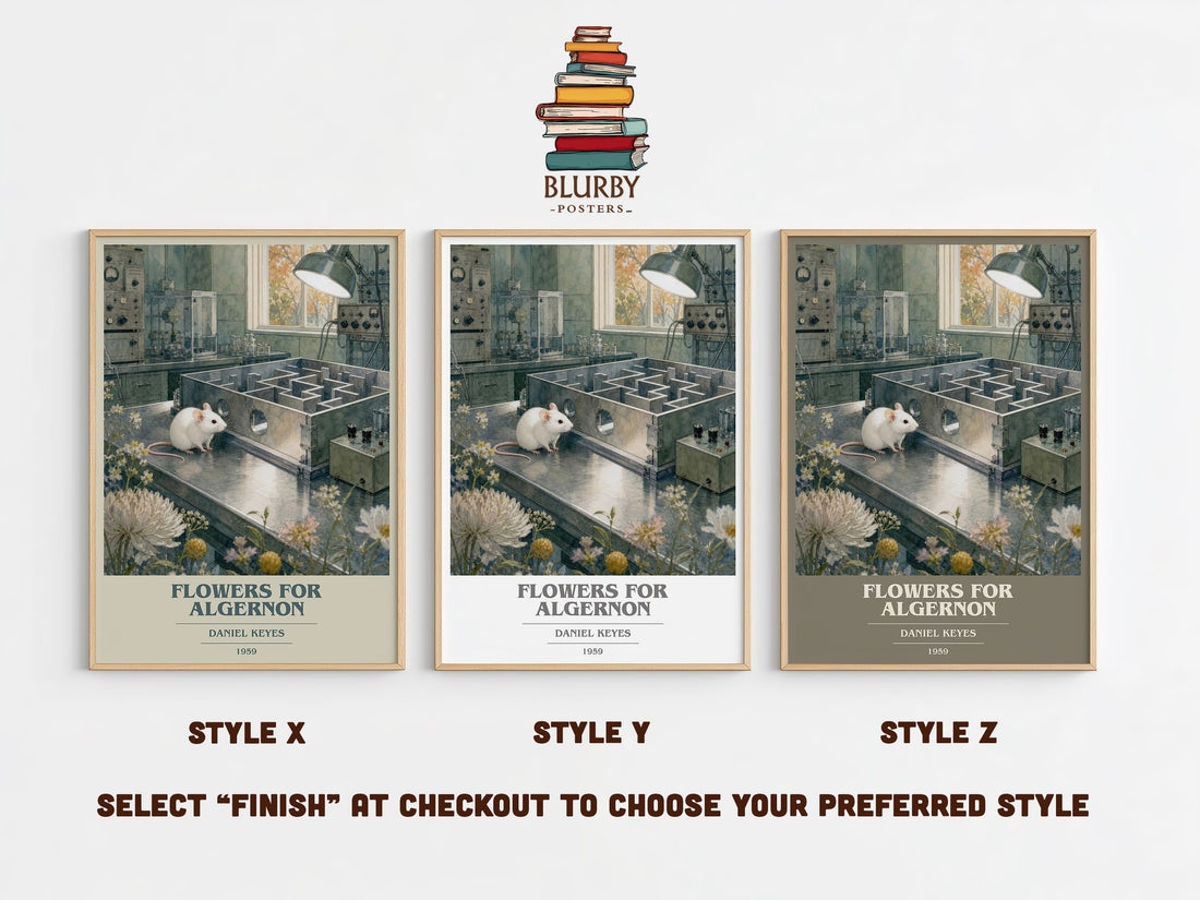 Flowers for Algernon book cover print in frame leaning in hallway – sci fi wall art (mockup)