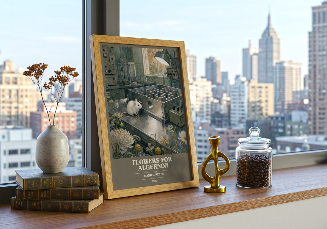 Flowers for Algernon book cover print framed by window – literary home decor