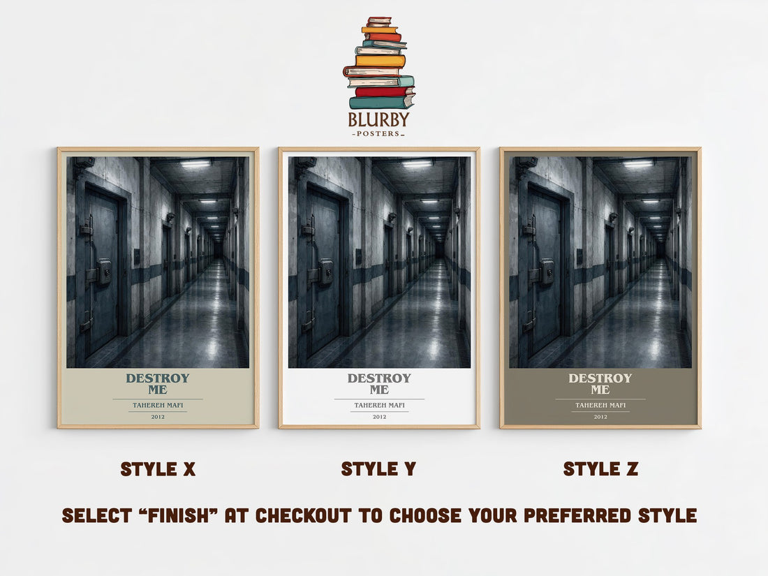 Destroy Me book cover print in frame leaning in hallway – young adult wall art (mockup)