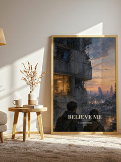 Believe Me watercolour print in frame leaning in hallway – thriller wall art