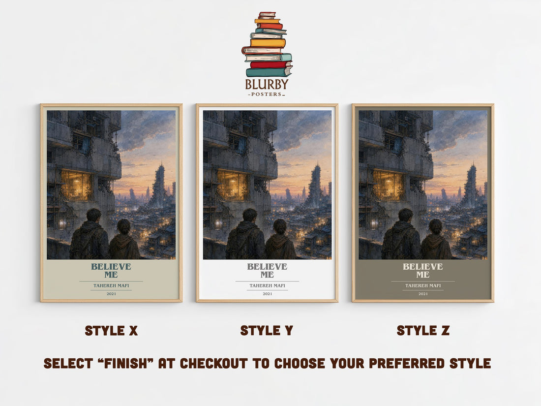 Believe Me book cover print in frame leaning in hallway – thriller wall art (mockup)
