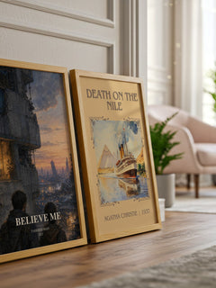 Believe Me watercolour print framed by window – literary home decor