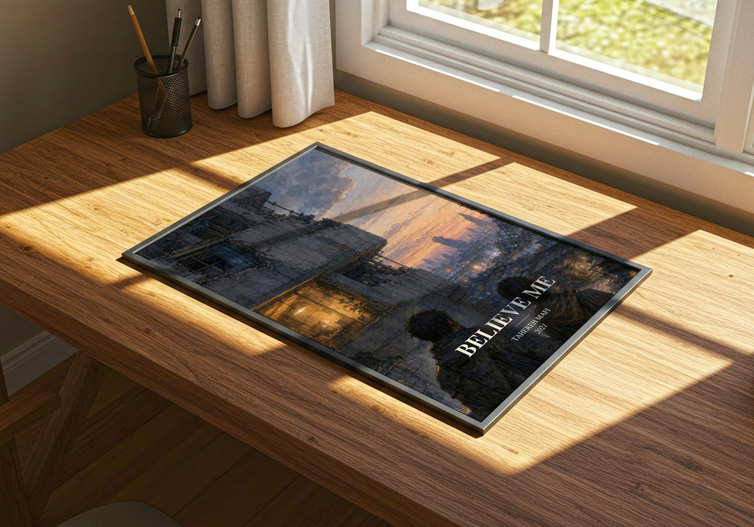 Believe Me watercolour book poster framed on wall – thriller wall art