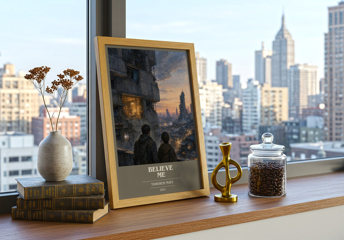 Believe Me book cover print framed by window – literary home decor