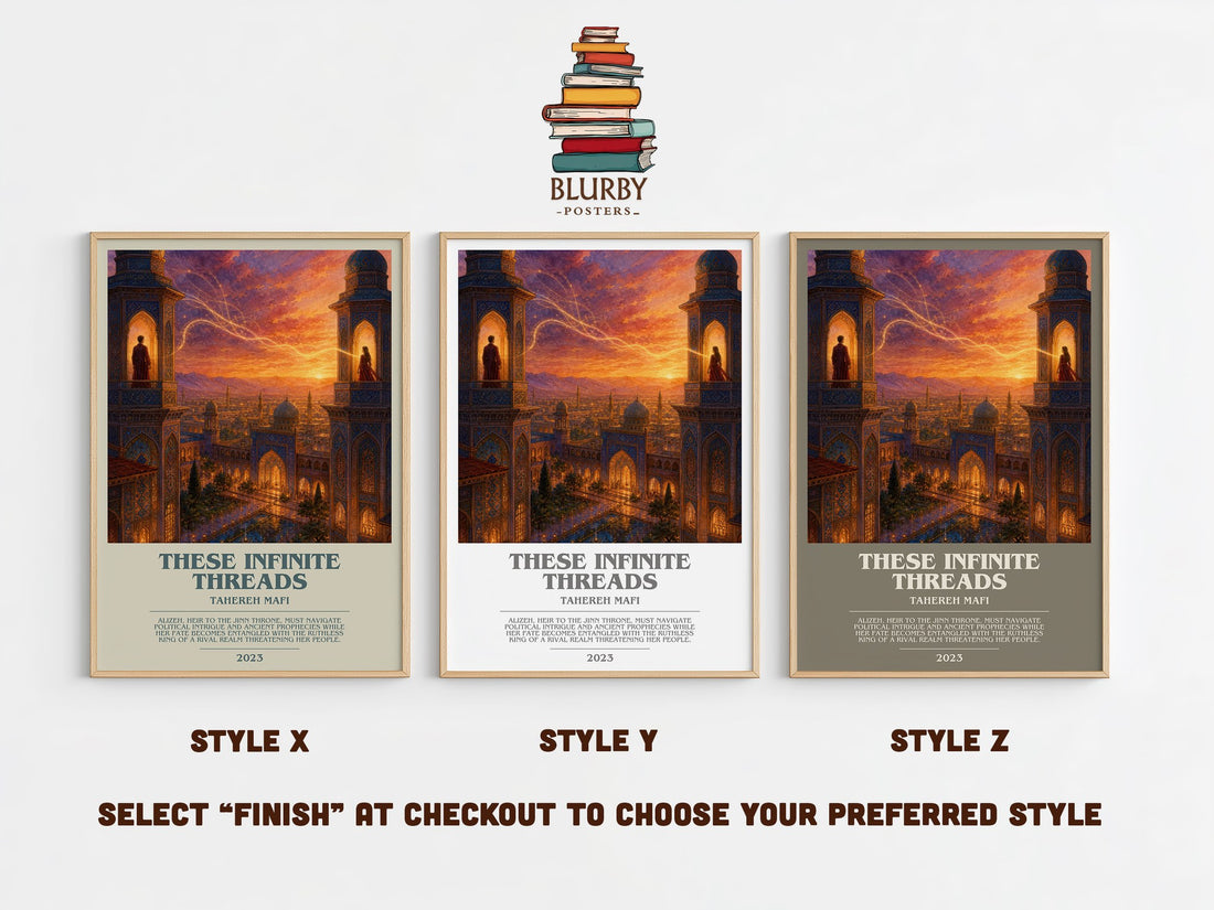 These Infinite Threads bookish print in frame leaning in hallway – fantasy wall art (mockup)