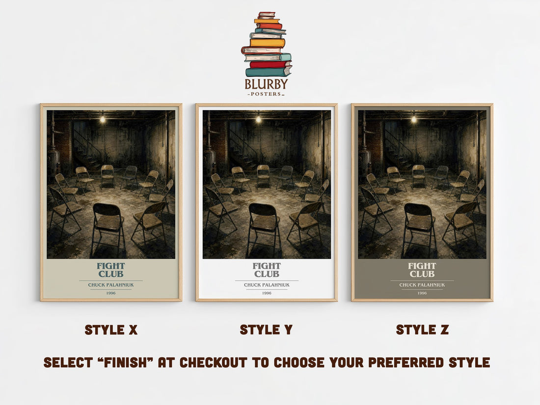 Fight Club book cover print in frame leaning in hallway – contemporary fiction wall art (mockup)