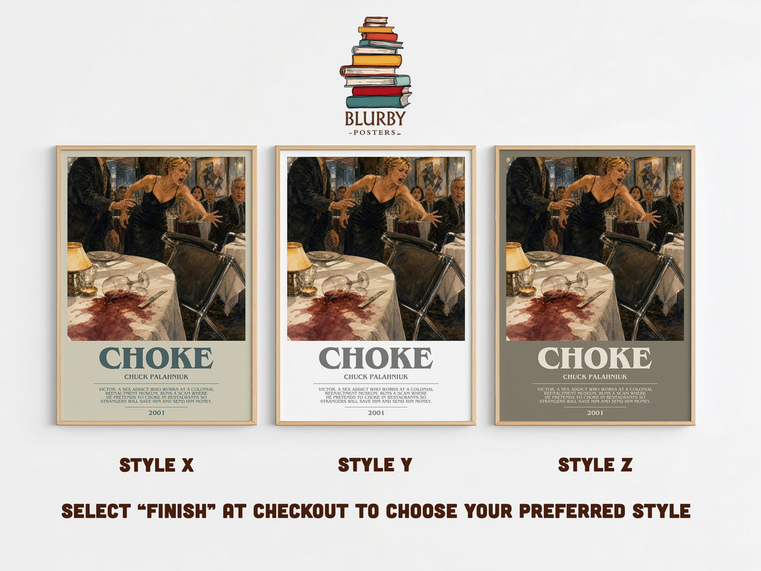 Choke bookish print in frame leaning in hallway – contemporary fiction wall art (mockup)