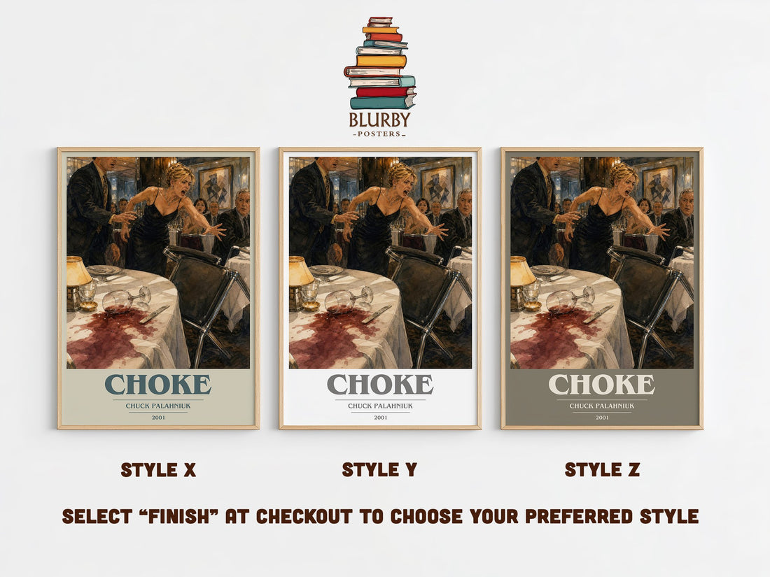 Choke book cover print in frame leaning in hallway – contemporary fiction wall art (mockup)