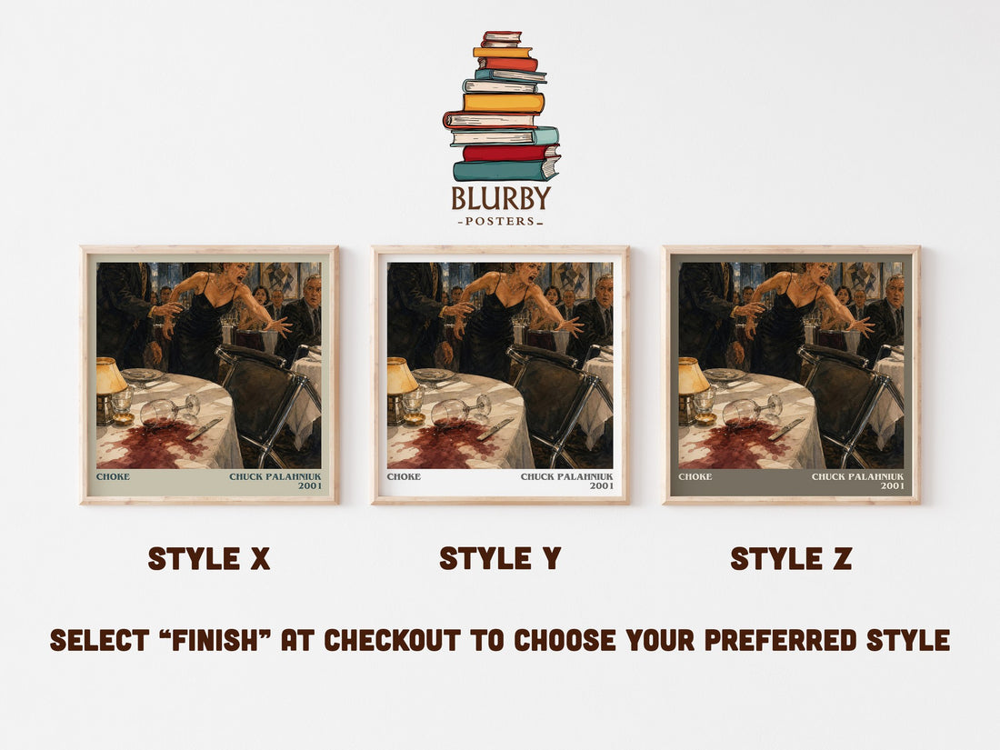 Choke literary print in frame leaning in hallway – contemporary fiction wall art (mockup)