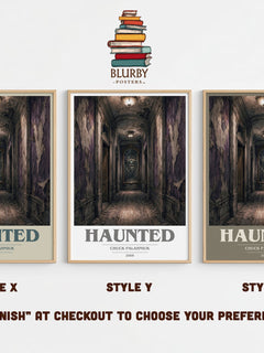 Haunted book cover print in frame leaning in hallway – horror wall art