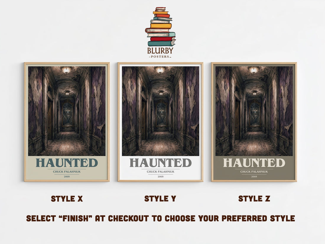 Haunted book cover print in frame leaning in hallway – horror wall art (mockup)