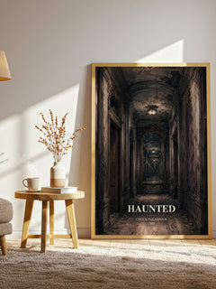 Haunted watercolour print in frame leaning in hallway – horror wall art