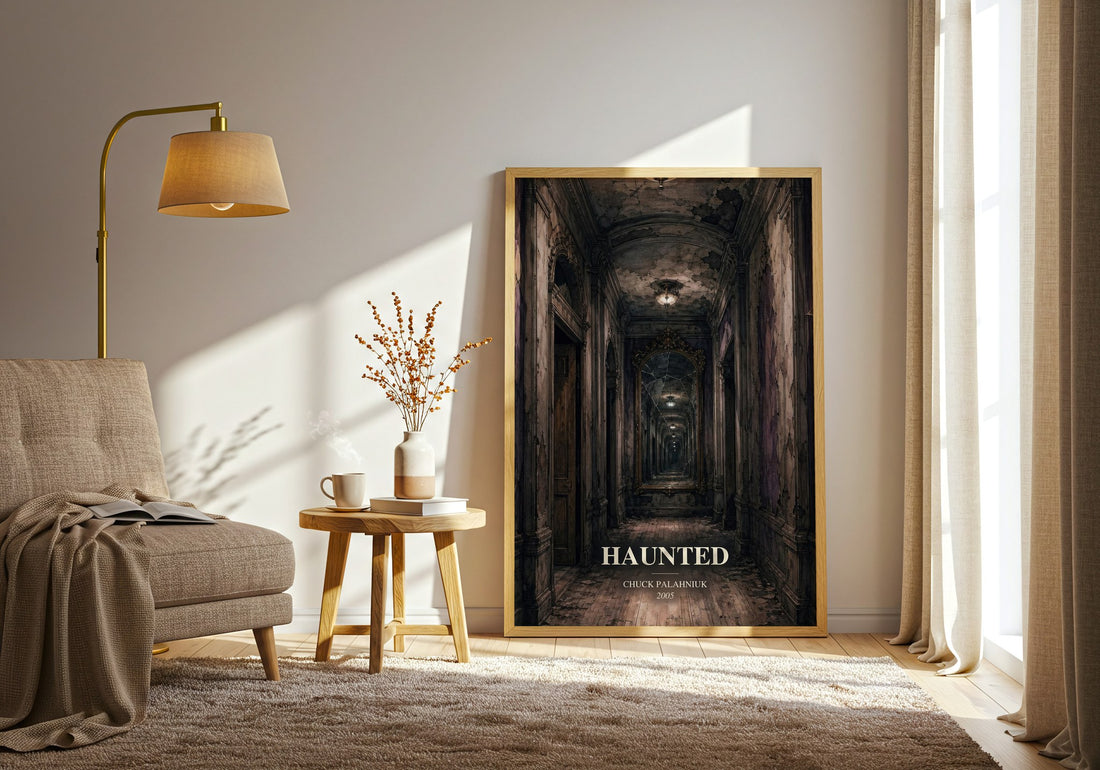 Haunted watercolour print in frame leaning in hallway – horror wall art