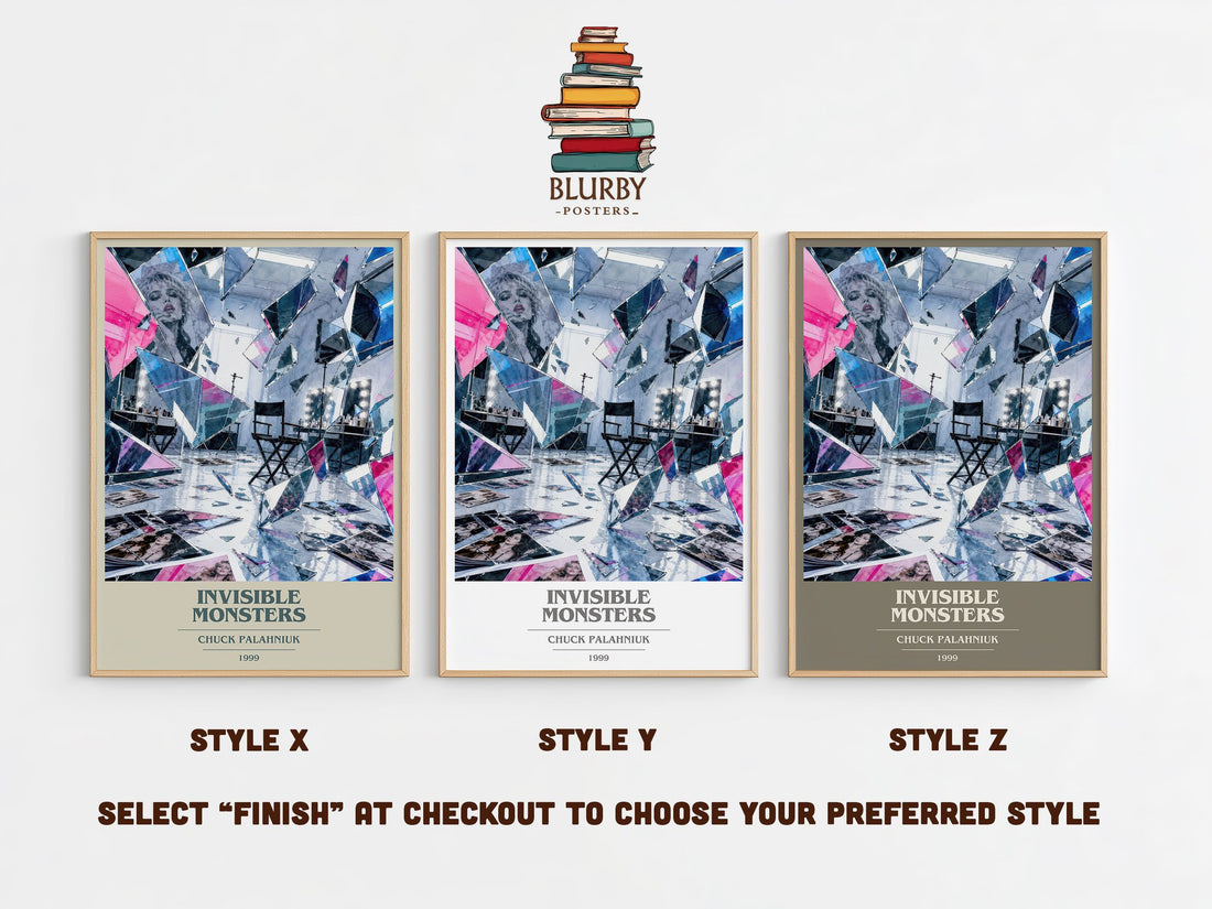 Invisible Monsters book cover print in frame leaning in hallway – contemporary fiction wall art (mockup)