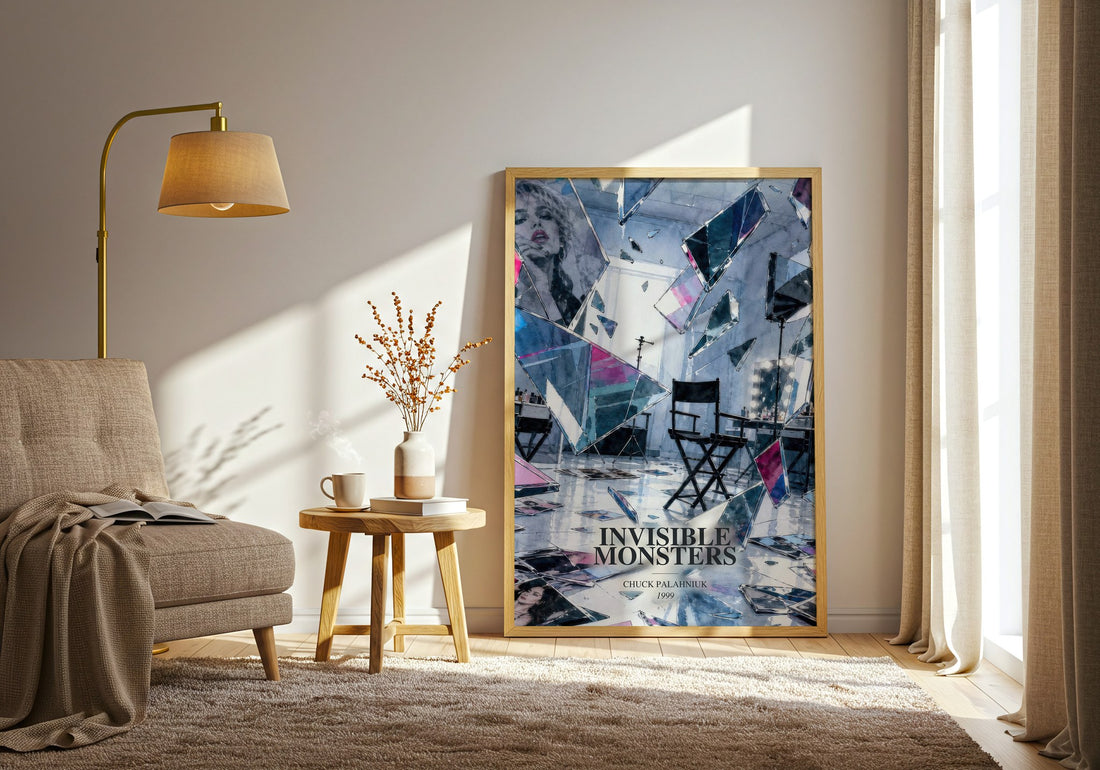 Invisible Monsters watercolour print in frame leaning in hallway – contemporary fiction wall art