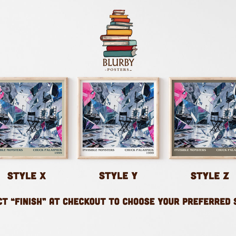 Invisible Monsters literary print in frame leaning in hallway – contemporary fiction wall art