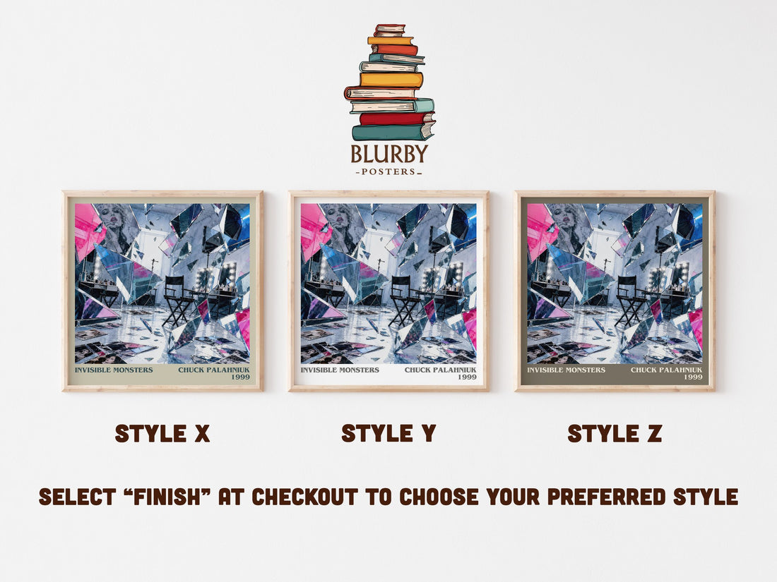 Invisible Monsters literary print in frame leaning in hallway – contemporary fiction wall art (mockup)