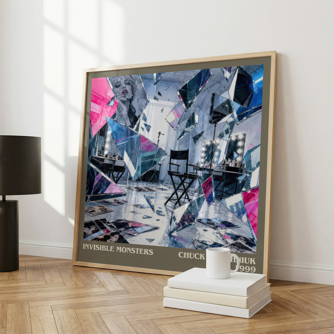 Invisible Monsters Literary Art Print by Chuck Palahniuk – large square framed print leaning against a wall
