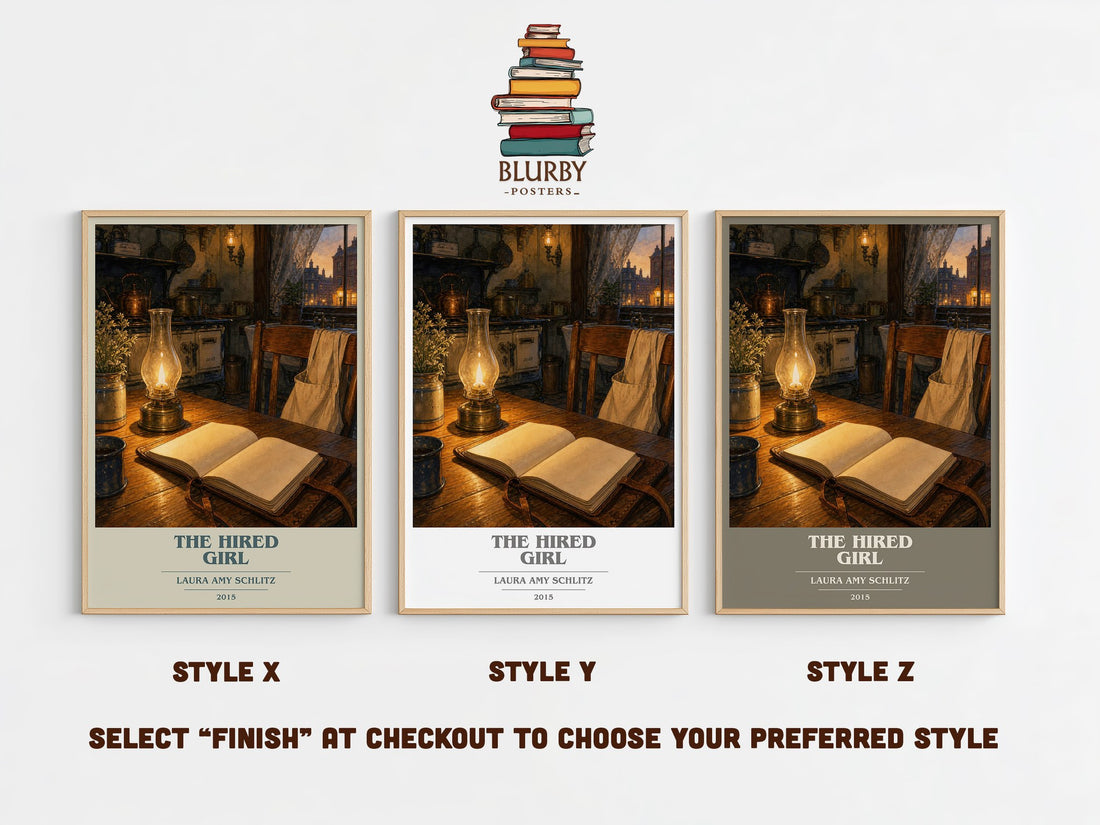 The Hired Girl book cover print in frame leaning in hallway – young adult wall art (mockup)