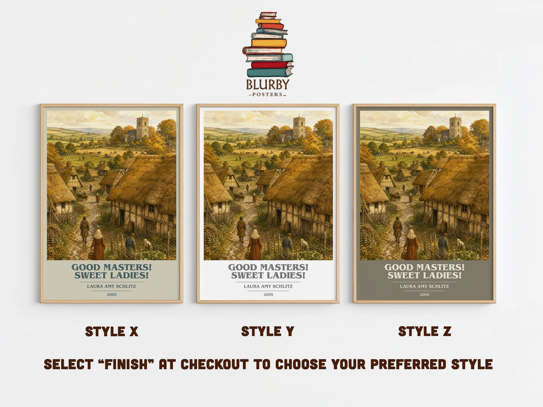 Good Masters! Sweet Ladies! book cover print in frame leaning in hallway – historical fiction wall art (mockup)