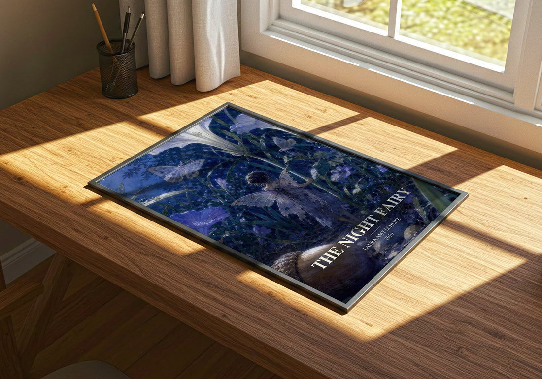 The Night Fairy watercolour book poster framed on wall – childrens wall art