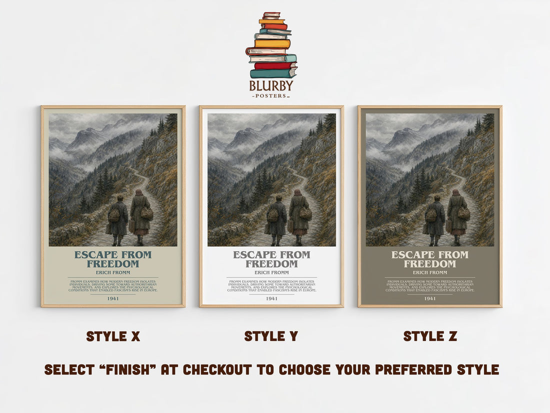 Escape from Freedom bookish print in frame leaning in hallway – philosophy wall art (mockup)
