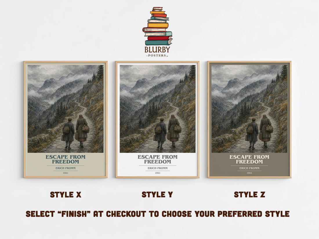 Escape from Freedom book cover print in frame leaning in hallway – philosophy wall art (mockup)