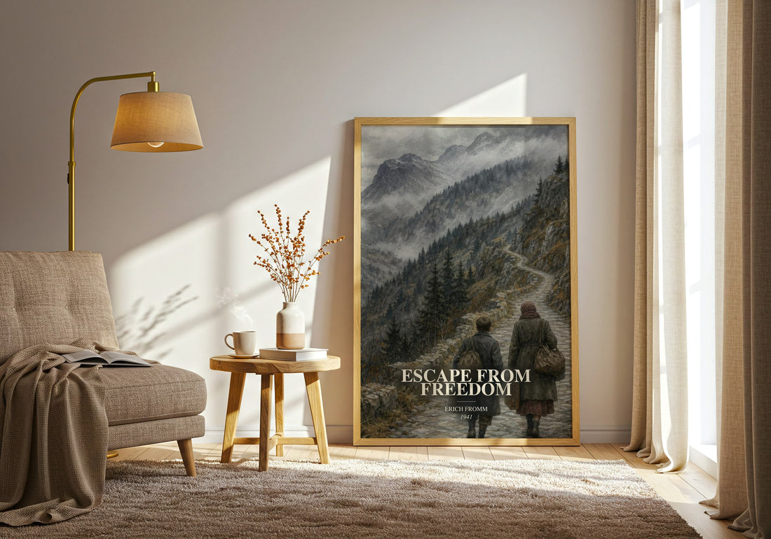 Escape from Freedom watercolour print in frame leaning in hallway – philosophy wall art