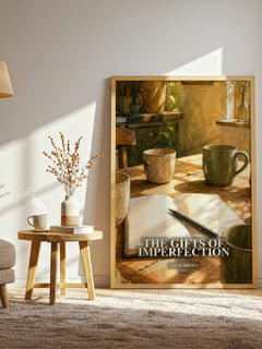 The Gifts of Imperfection watercolour print in frame leaning in hallway – non fiction wall art