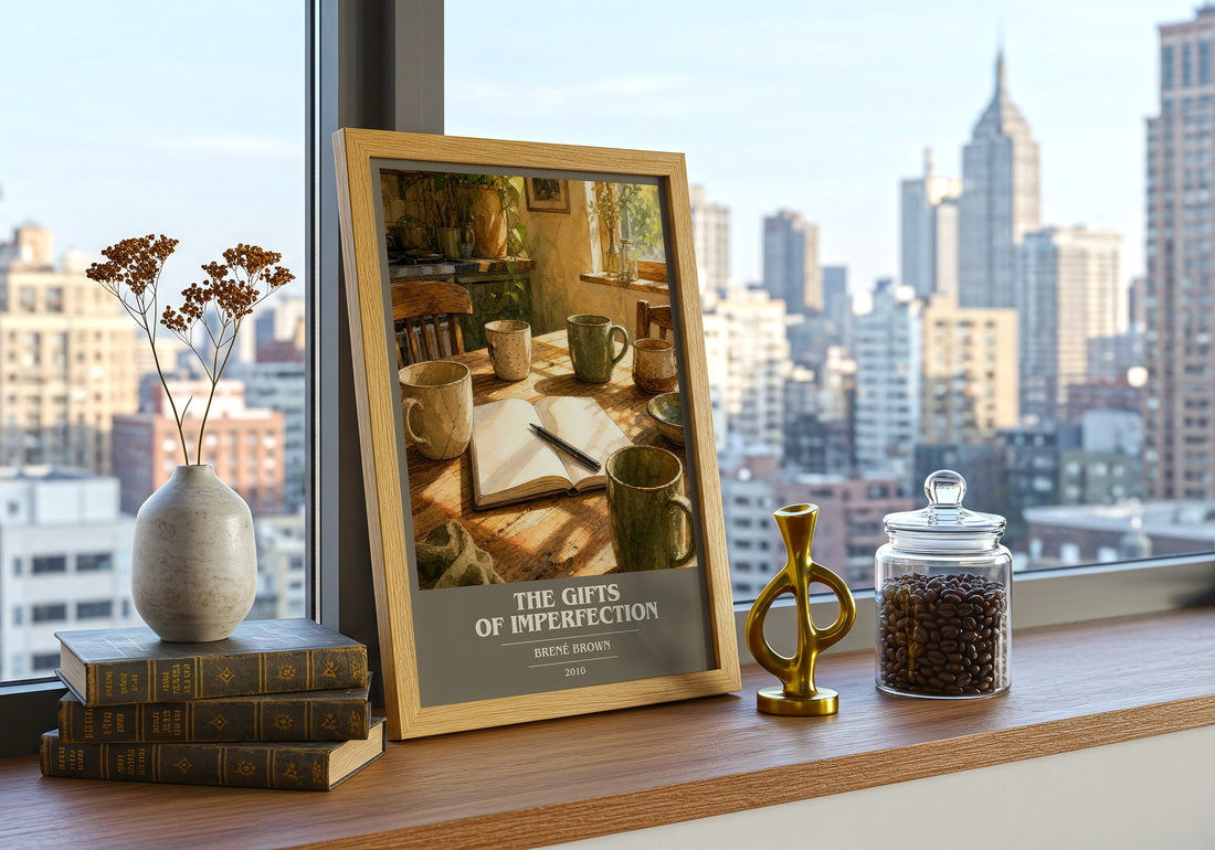 The Gifts of Imperfection book cover print framed by window – literary home decor