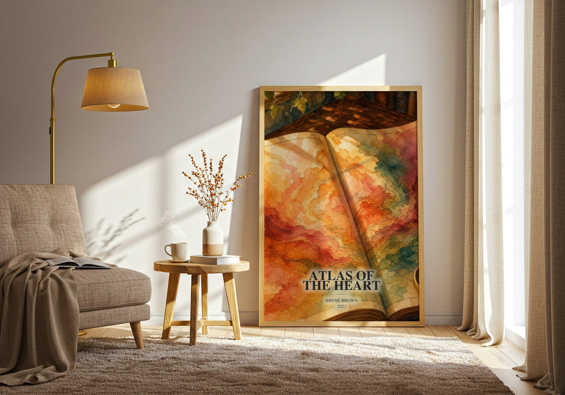 Atlas of the Heart watercolour print in frame leaning in hallway – non fiction wall art
