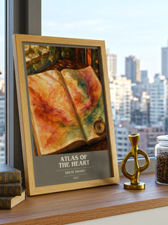Atlas of the Heart Book Cover Poster by Brené Brown – framed print on a city-view windowsill