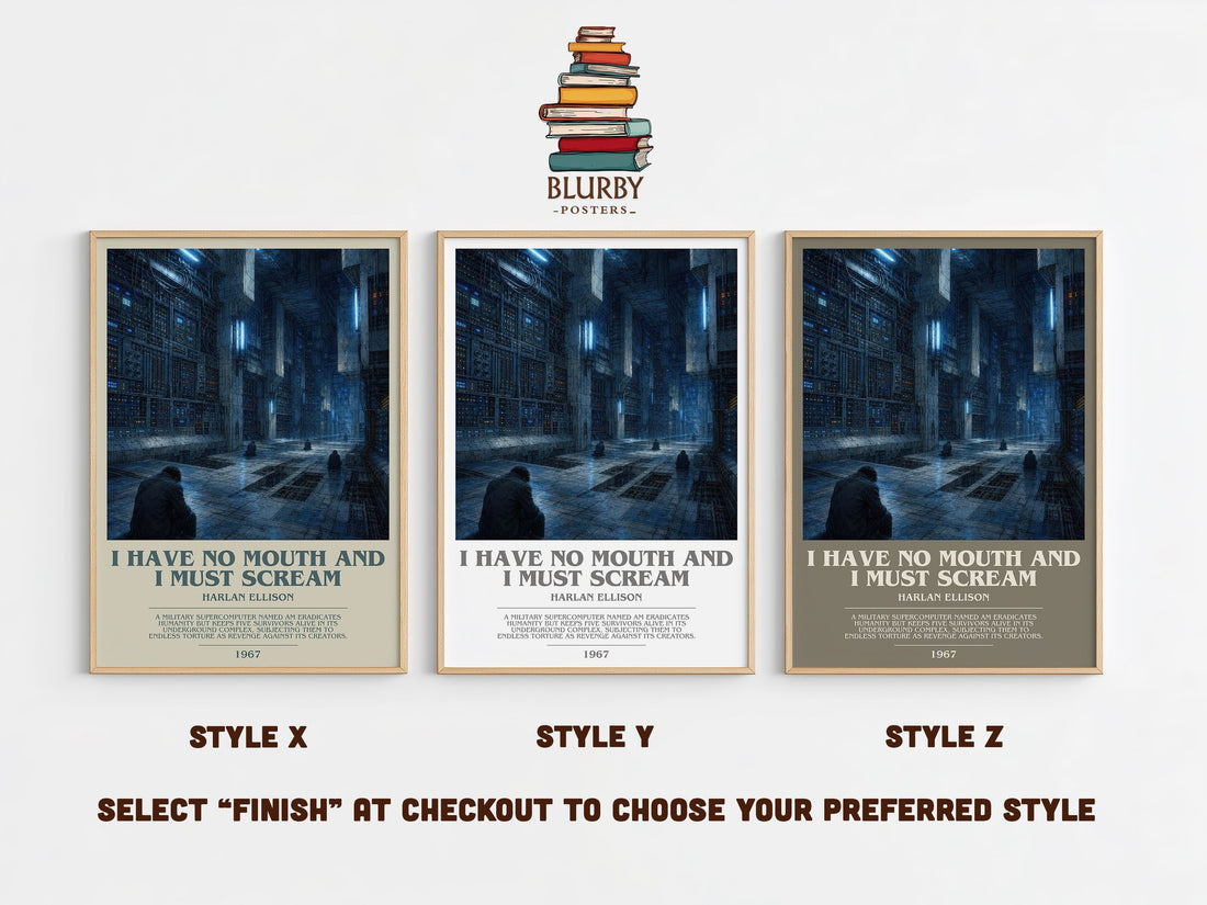 I Have No Mouth and I Must Scream bookish print in frame leaning in hallway – sci fi wall art (mockup)