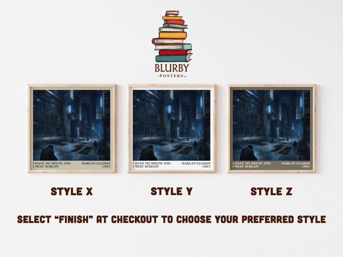 I Have No Mouth and I Must Scream literary print in frame leaning in hallway – sci fi wall art (mockup)
