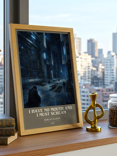 I Have No Mouth and I Must Scream book cover print framed by window – literary home decor