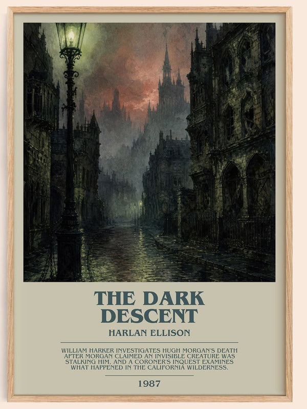 The Dark Descent bookish book poster by Harlan Ellison – framed literary art print