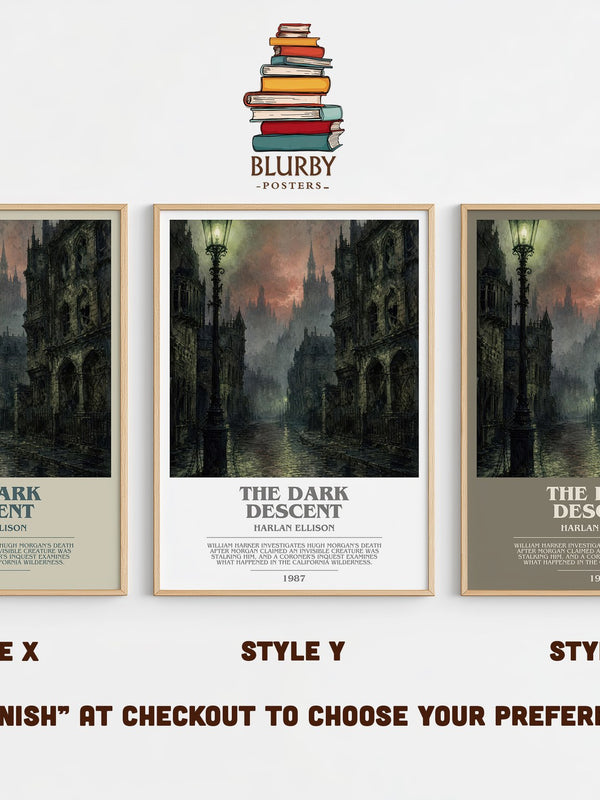 The Dark Descent bookish print in frame leaning in hallway – horror wall art