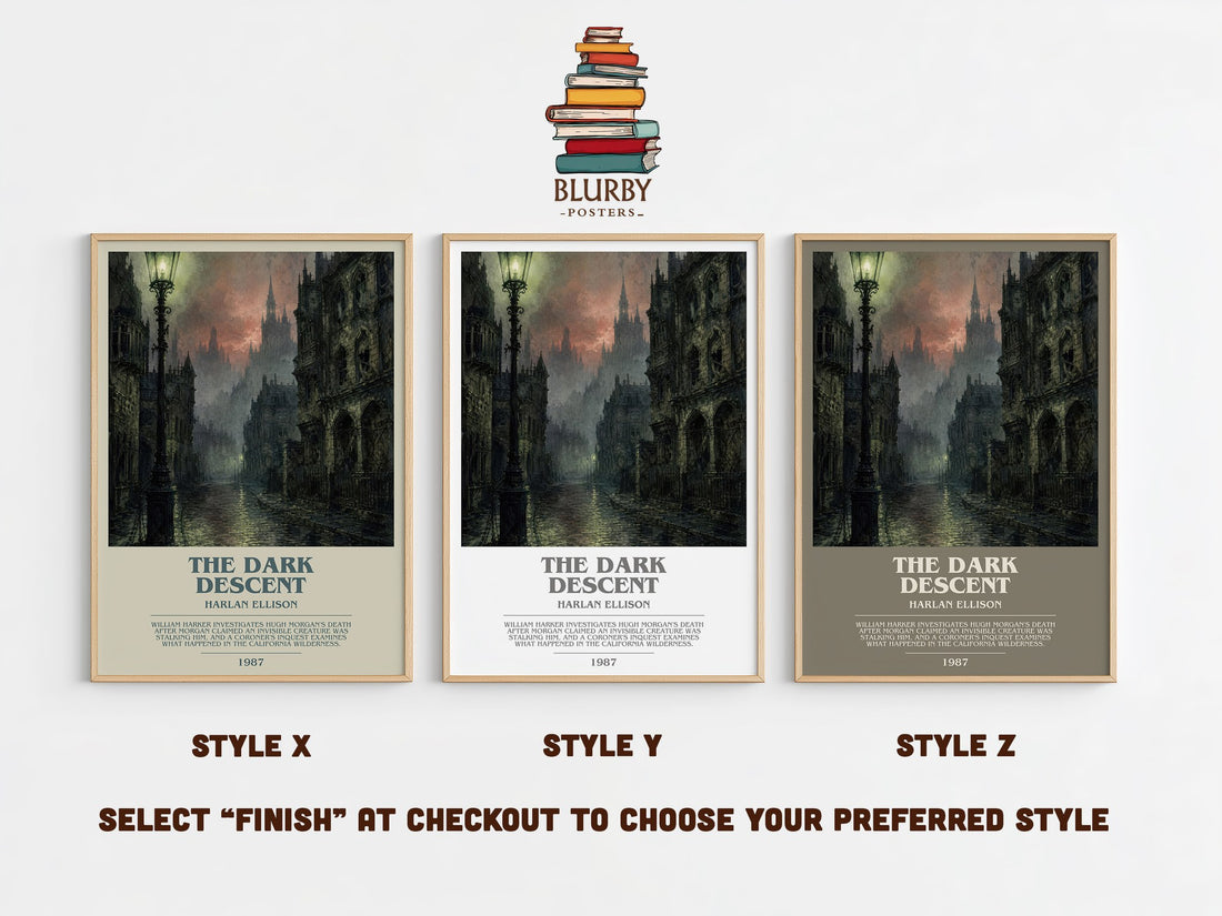 The Dark Descent bookish print in frame leaning in hallway – horror wall art (mockup)