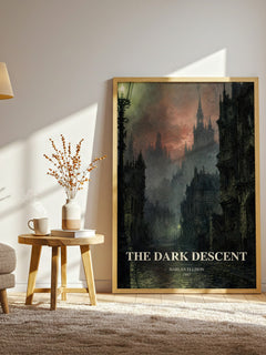 The Dark Descent watercolour print in frame leaning in hallway – horror wall art