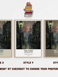 The Dark Descent book cover print in frame leaning in hallway – horror wall art