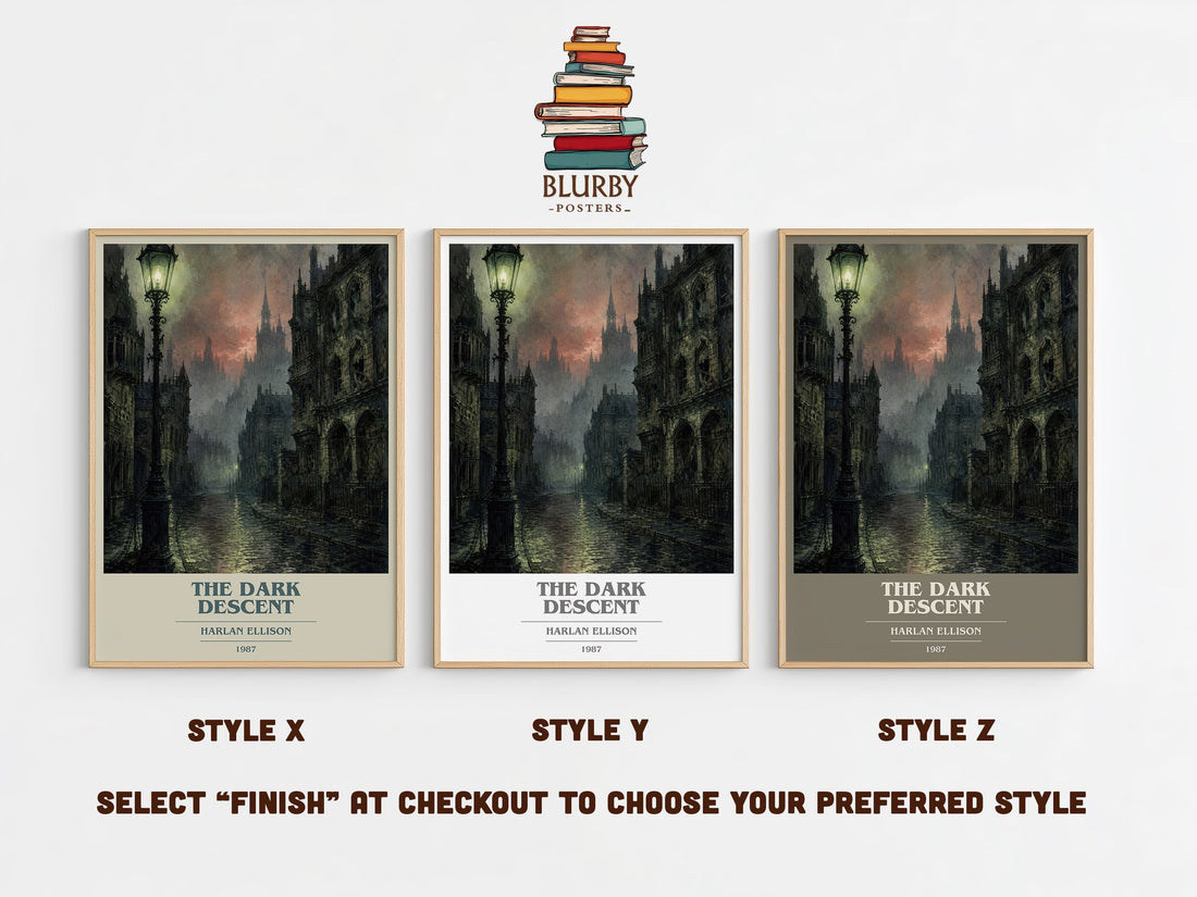 The Dark Descent book cover print in frame leaning in hallway – horror wall art (mockup)