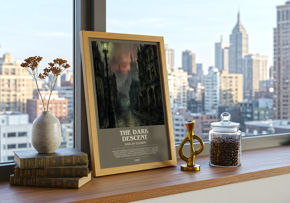 The Dark Descent bookish print framed by window – literary home decor