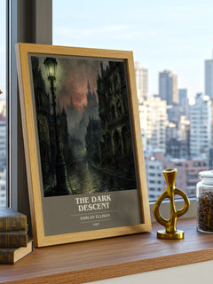 The Dark Descent book cover print framed by window – literary home decor