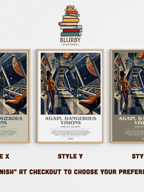 Again, Dangerous Visions bookish print in frame leaning in hallway – sci fi wall art